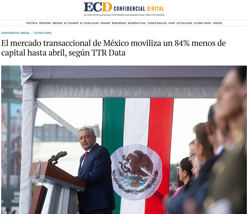 El mercado transaccional de Mxico moviliza un 84% menos de capital hasta abril, segn TTR Data